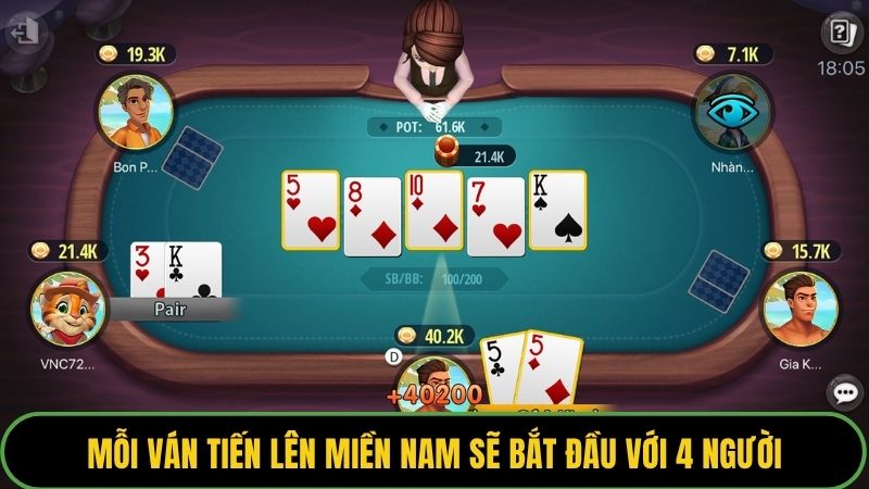 Mỗi ván tiến lên miền Nam sẽ bắt đầu với 4 người